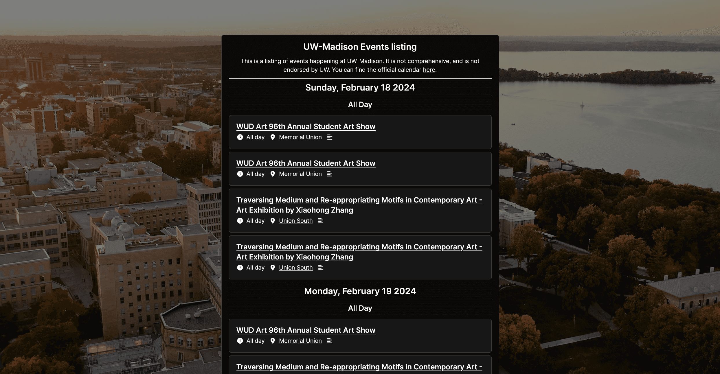 Screenshot of UW Events listing