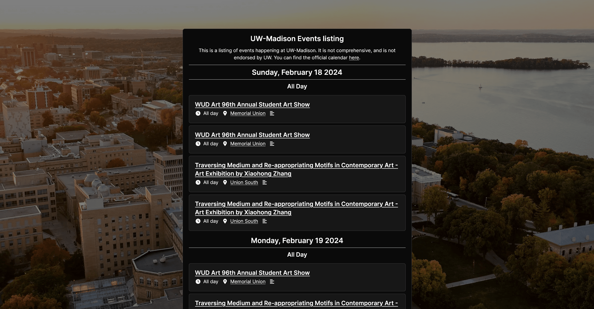 Screenshot of UW Events listing